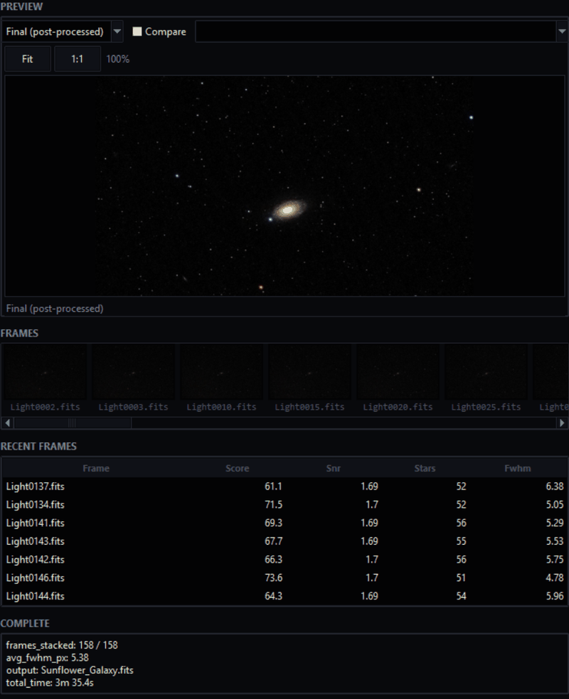 The preview and frame panels after the run finished, showing the final image of the Sunflower Galaxy and a summary: 158 of 158 frames stacked in 3 minutes 35 seconds.