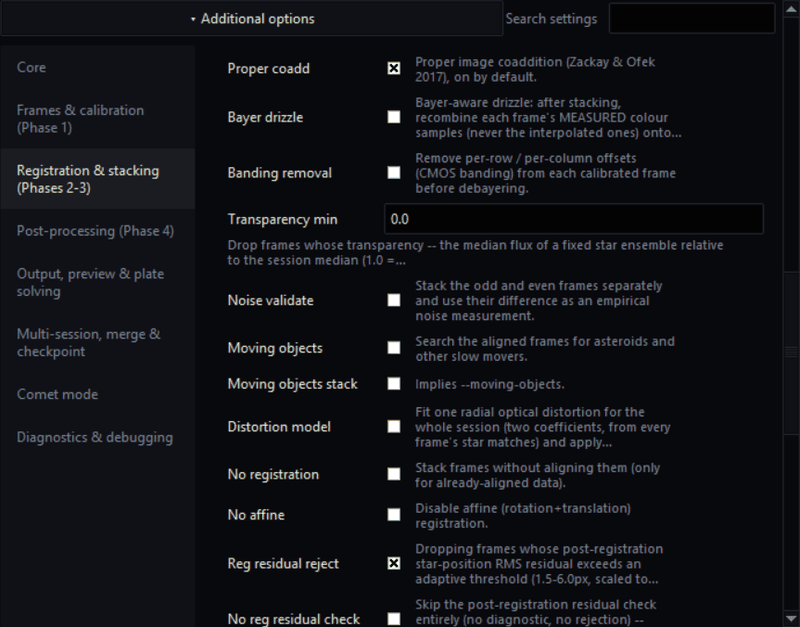The Additional options panel with a search box and a list of groups, showing registration and stacking options such as proper image coaddition, banding removal and the distortion model, each with a one-line description.