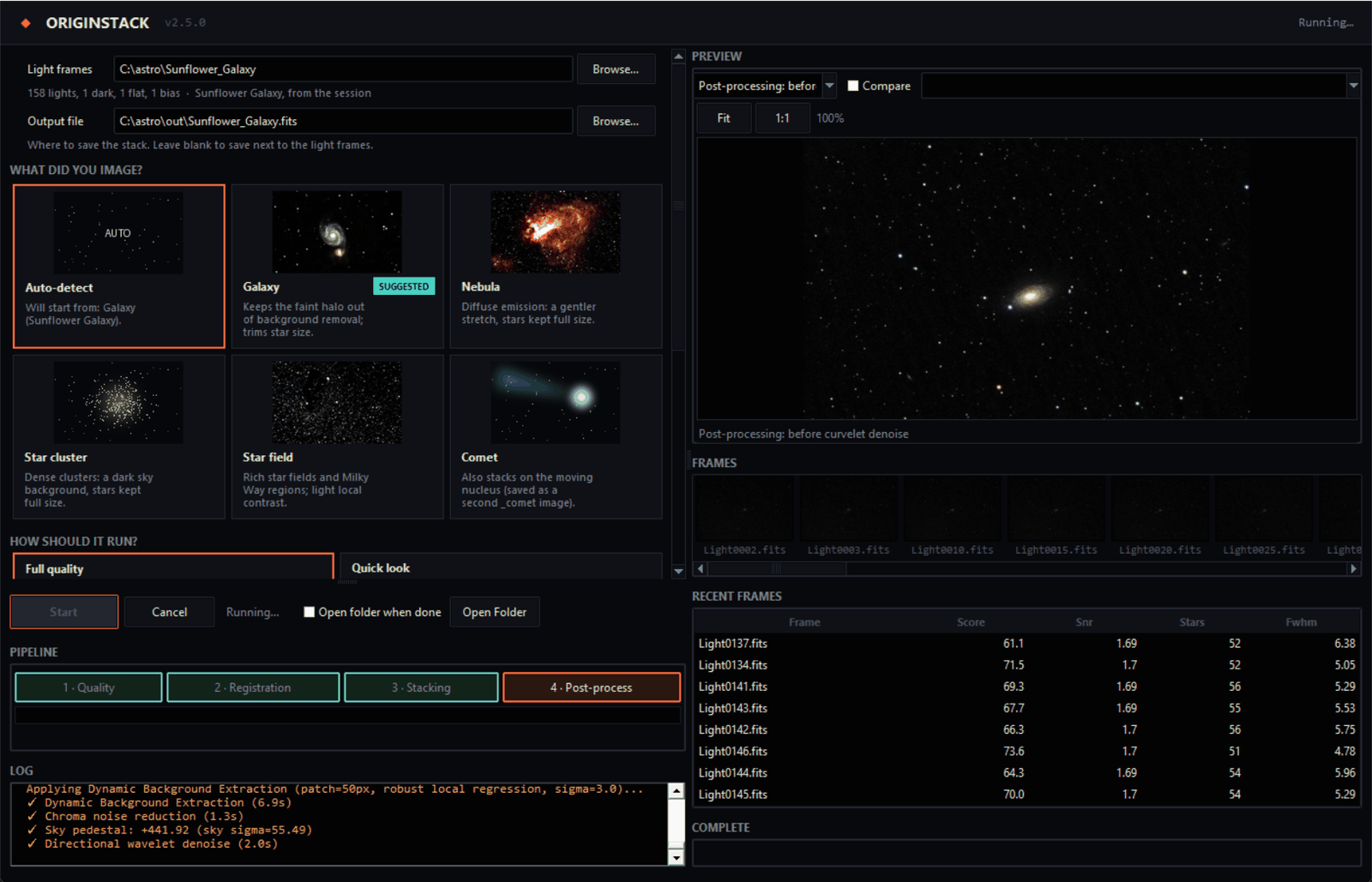 The OriginStack window during a run: the folder and output on the left with picture cards for the target type and the run mode, three of four pipeline phases marked done and the log below; on the right a preview of the Sunflower Galaxy part-way through post-processing, a strip of frame thumbnails and a table of per-frame scores.
