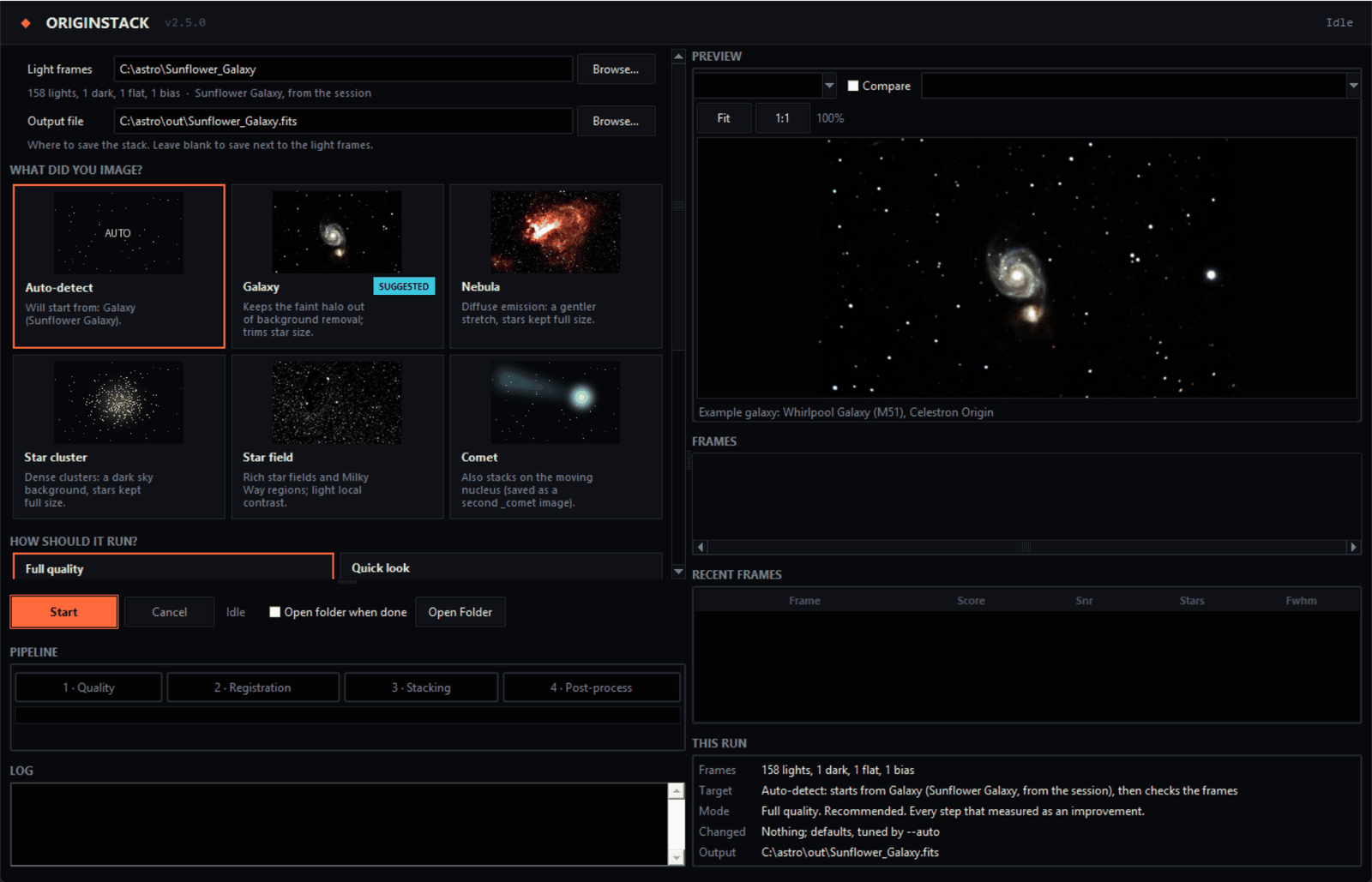 The OriginStack window before a run: a folder chosen with its frame counts and the target name from the session file under it, picture cards for Auto-detect, Galaxy (marked Suggested), Nebula, Star cluster, Star field and Comet, a choice of Full quality or Quick look, an example galaxy image in the preview, and a This run summary of frames, target, mode, changed settings and output file.
