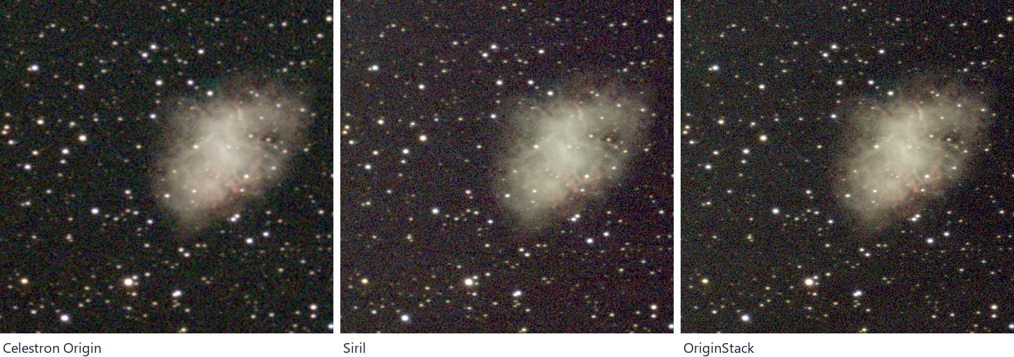 Three crops of the Crab Nebula at full resolution from the same frames: the Celestron Origin's own stack, Siril's and OriginStack's, all given the same stretch. The Origin's stars and the nebula's filaments are visibly softer.